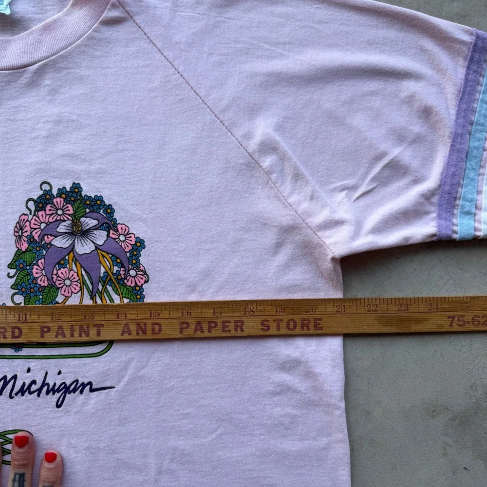 Vintage 1983 Michigan Hummingbird T Shirt Pink Raglan Sporty Large Single Stitch